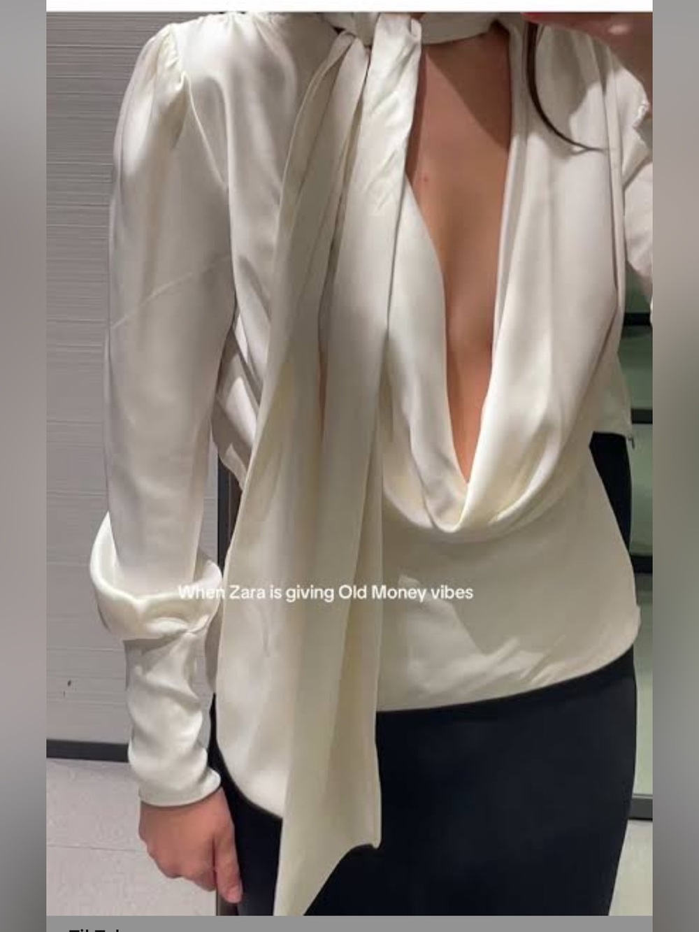 Zara Ivory Satin Draped Blouse with Neck Tie